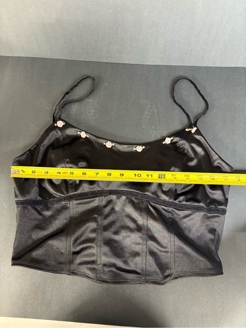 Black Satin Wild Fable Corset Top with Pink Rose Embellishments Summer - Picture 7 of 13
